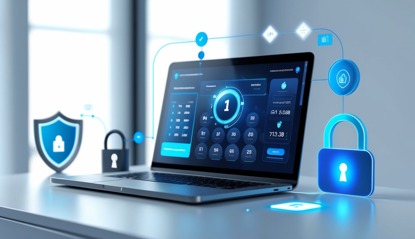 Meja kerja modern dengan laptop yang menampilkan antarmuka lotere digital, dikelilingi ikon keamanan dan grafik jaringan yang menunjukkan konsep platform lotere yang aman dan terpercaya.