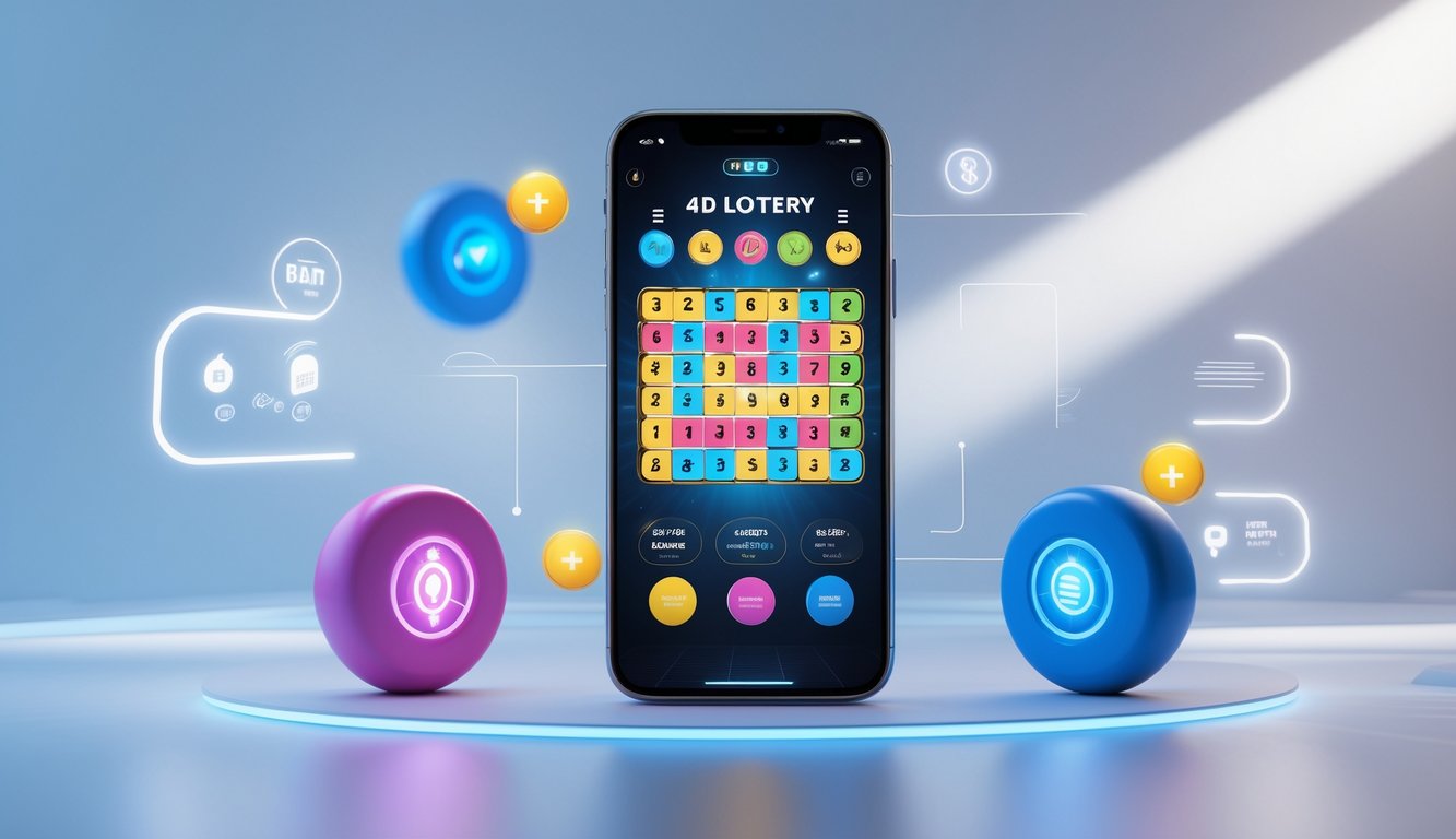 Sebuah ponsel modern menampilkan antarmuka lotere 4D dengan angka warna-warni dan ikon transaksi digital di latar belakang bersih.