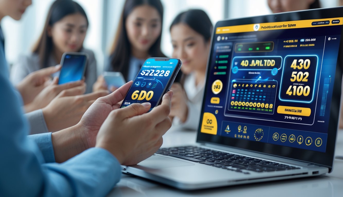 Beberapa orang menggunakan ponsel dan laptop untuk bermain togel 4D dengan sistem deposit pulsa tanpa potongan.