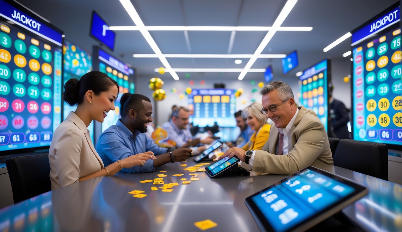 Orang-orang sedang memeriksa hasil lotere 4D di sebuah pusat permainan modern dengan layar digital dan suasana penuh semangat.