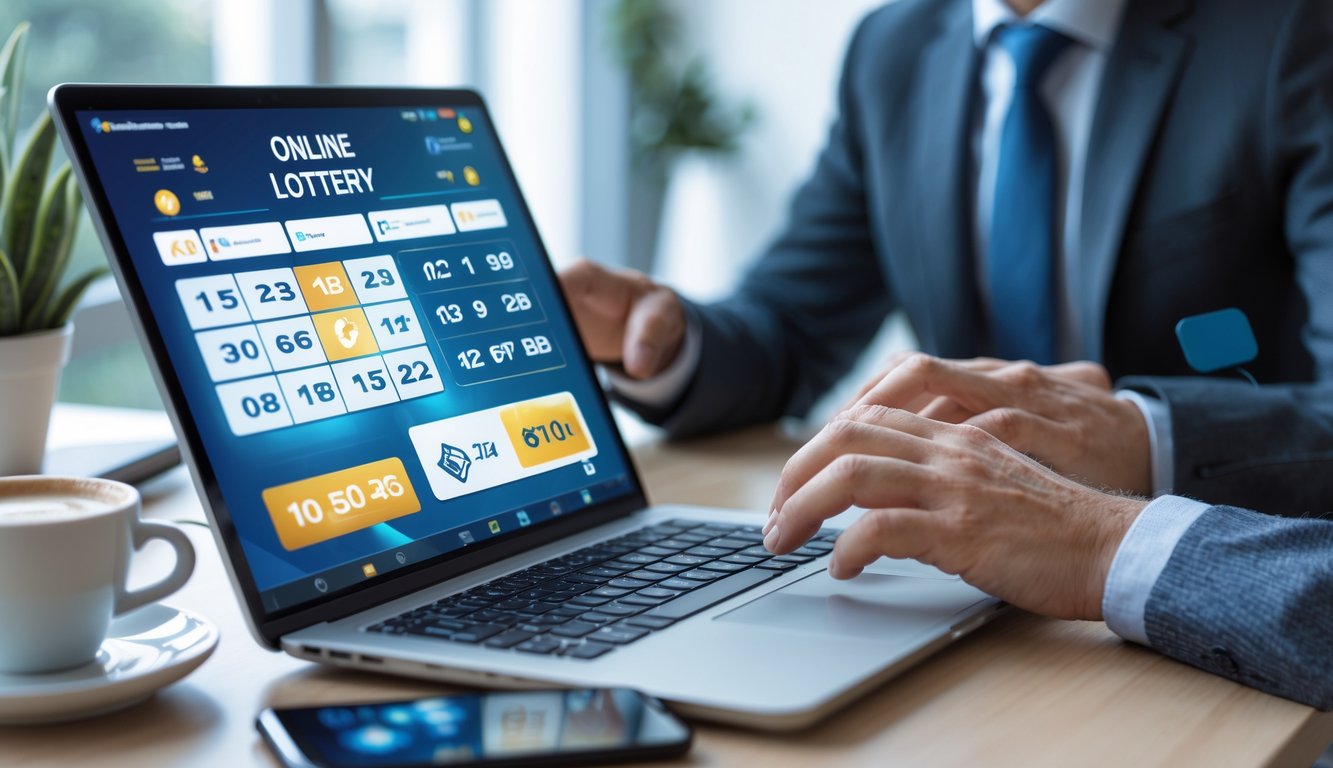 Sebuah ruang kerja modern dengan laptop yang menampilkan antarmuka lotere digital dan tangan seseorang yang sedang menggunakan laptop.