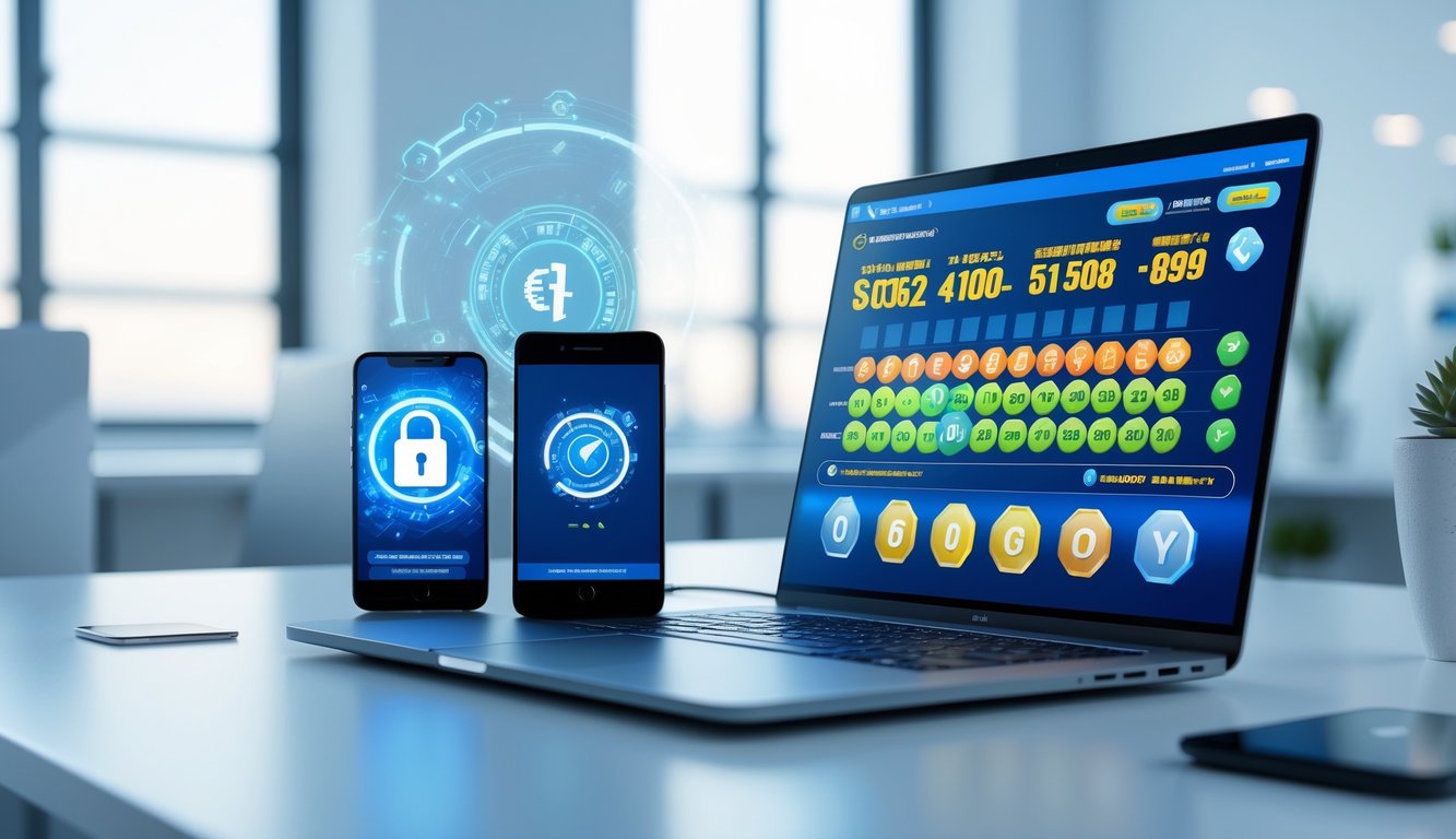 Sebuah ruang kerja modern dengan laptop yang menampilkan antarmuka permainan togel online dan elemen keamanan digital di sekitarnya.