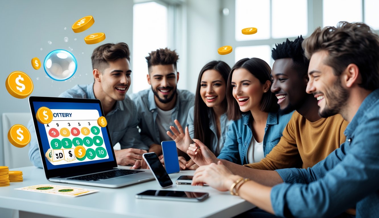 Beberapa orang muda sedang menggunakan laptop dan ponsel untuk bermain lotere online dalam ruangan terang dan rapi.