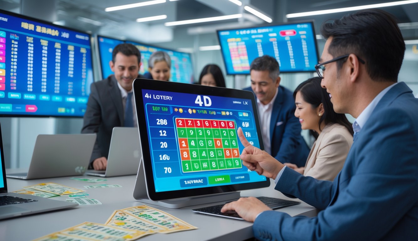 Orang-orang menggunakan perangkat digital untuk memeriksa hasil lotere 4D dalam sebuah ruang kantor modern yang terang dan profesional.