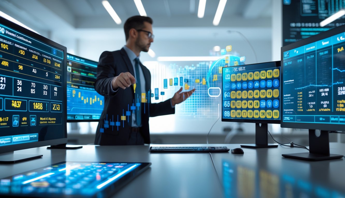 Seorang profesional sedang menganalisis data prediksi lotere di layar digital dalam ruangan kantor modern.