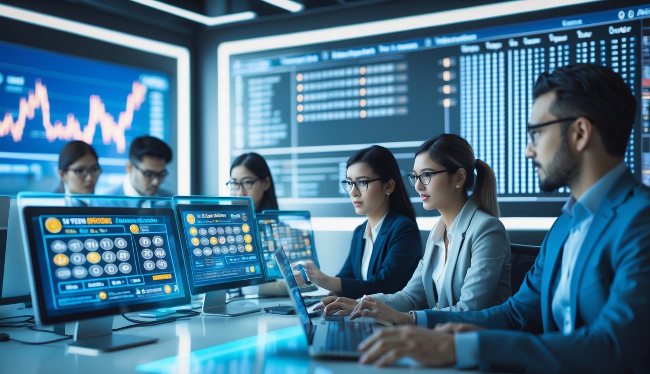 Sekelompok profesional sedang bekerja dengan layar digital yang menampilkan prediksi dan hasil togel 4D secara akurat dan cepat.