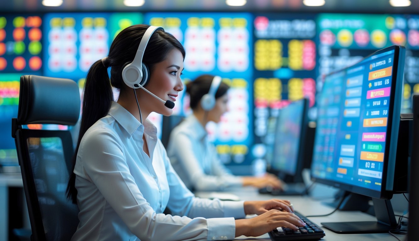 Seorang perwakilan layanan pelanggan menggunakan headset di depan komputer dengan layar yang menampilkan angka lotre dan grafik, menggambarkan layanan togel online 24 jam.