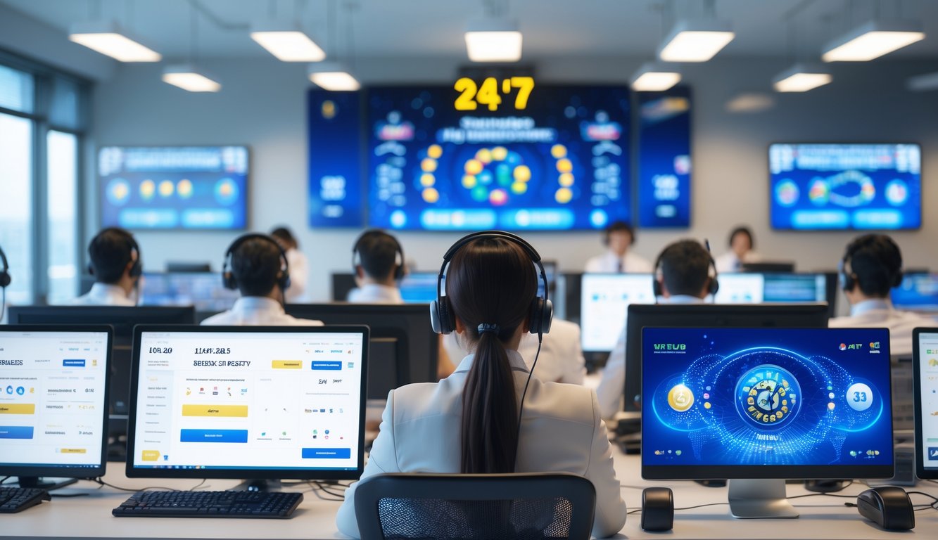 Tim layanan pelanggan bekerja di kantor modern dengan komputer, melayani pelanggan secara online sepanjang waktu.