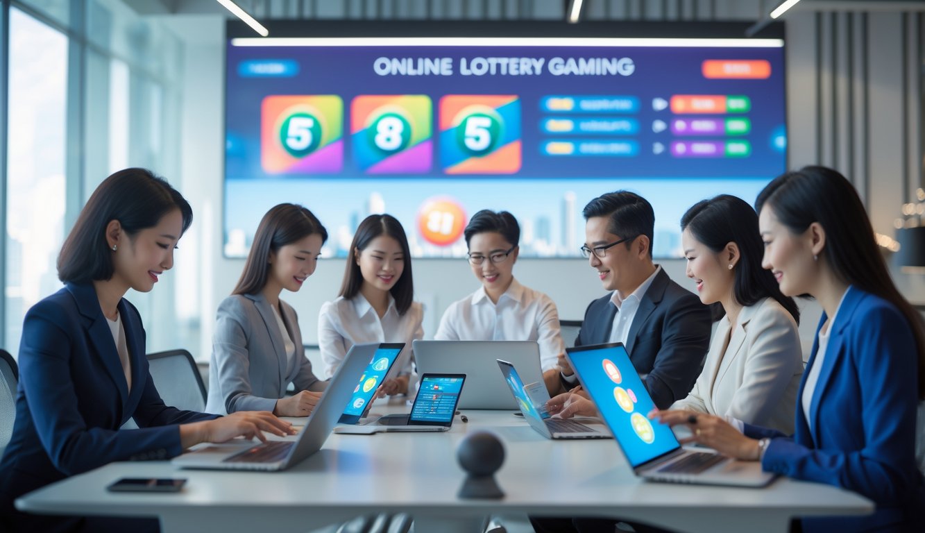 Sekelompok orang dewasa sedang menggunakan perangkat digital di kantor modern dengan latar belakang kota yang samar.