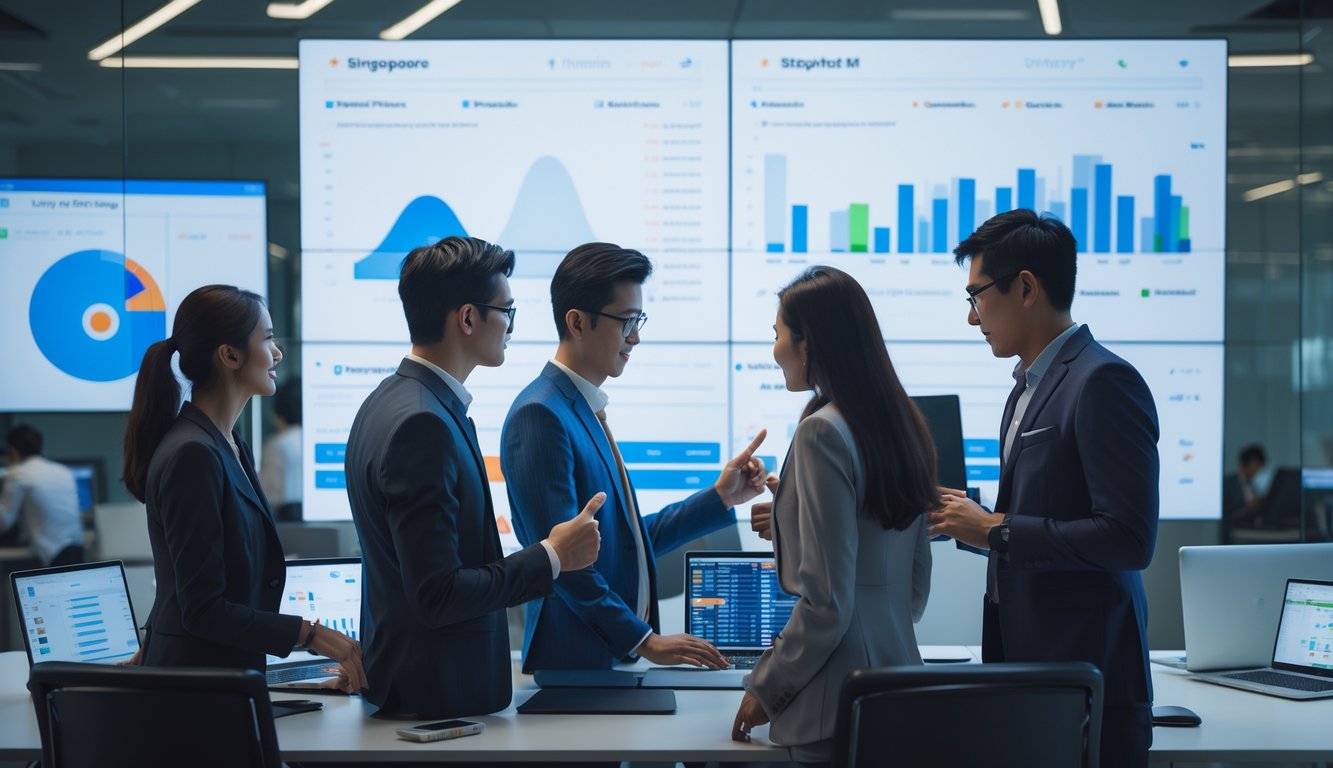 Sekelompok profesional muda sedang bekerja bersama di kantor modern dengan layar digital besar yang menampilkan data dan grafik terkait pasar togel.