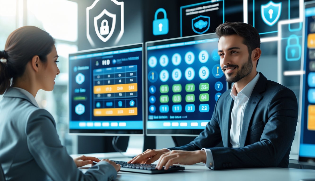 Seorang profesional menggunakan komputer dengan layar menampilkan angka lotere dan ikon keamanan di latar belakang.