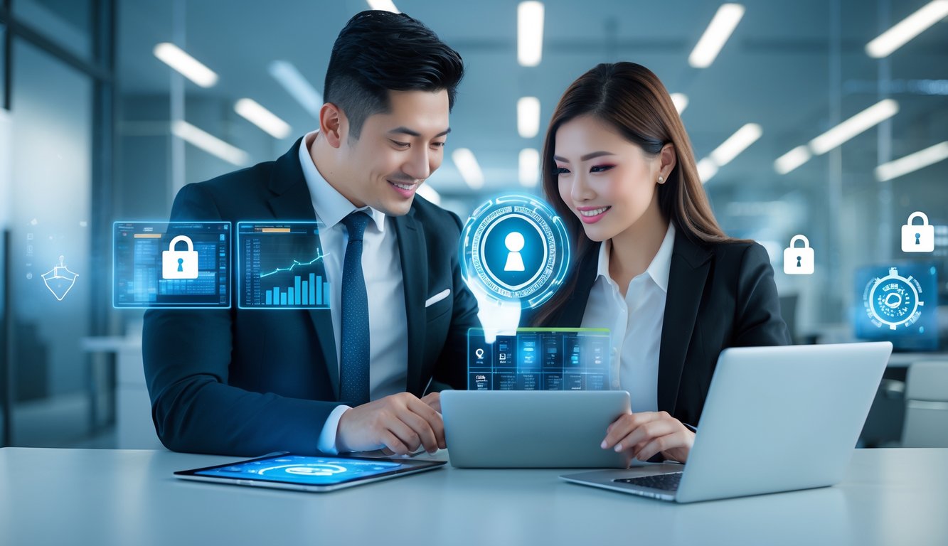 Seorang pria dan wanita bekerja bersama di kantor modern dengan perangkat digital, dikelilingi simbol keamanan digital yang menunjukkan sistem keamanan terjamin.