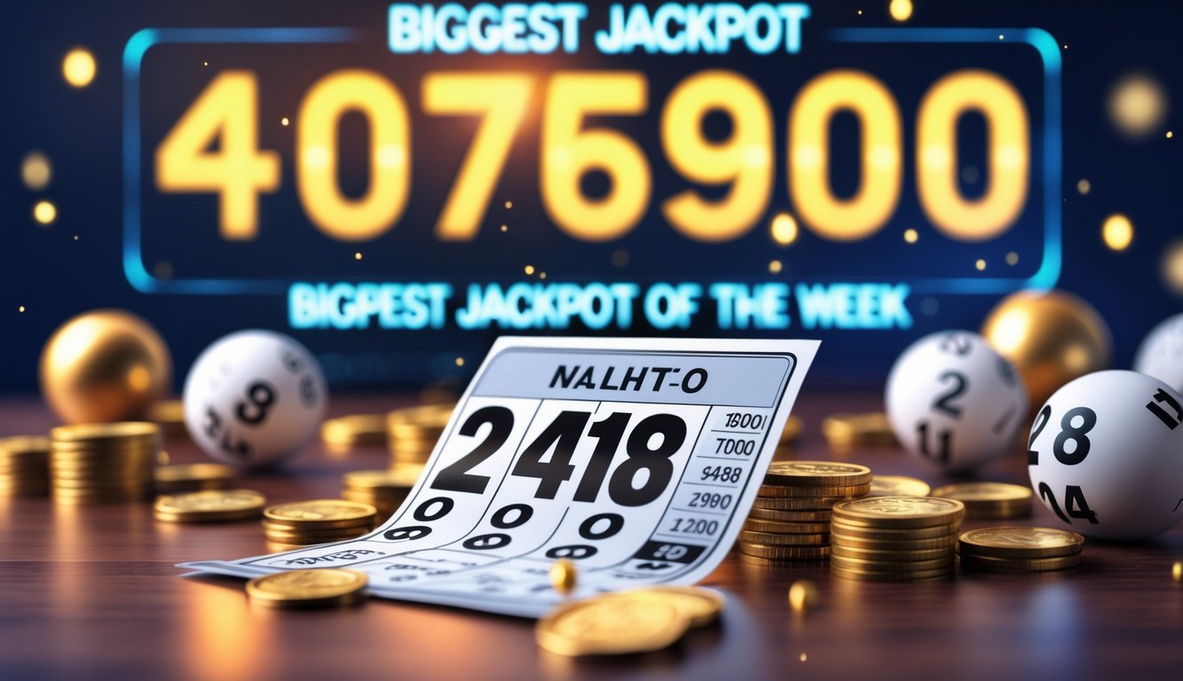 Tiket lotre 4D dengan angka jackpot besar di latar belakang dan koin emas di atas meja kayu.
