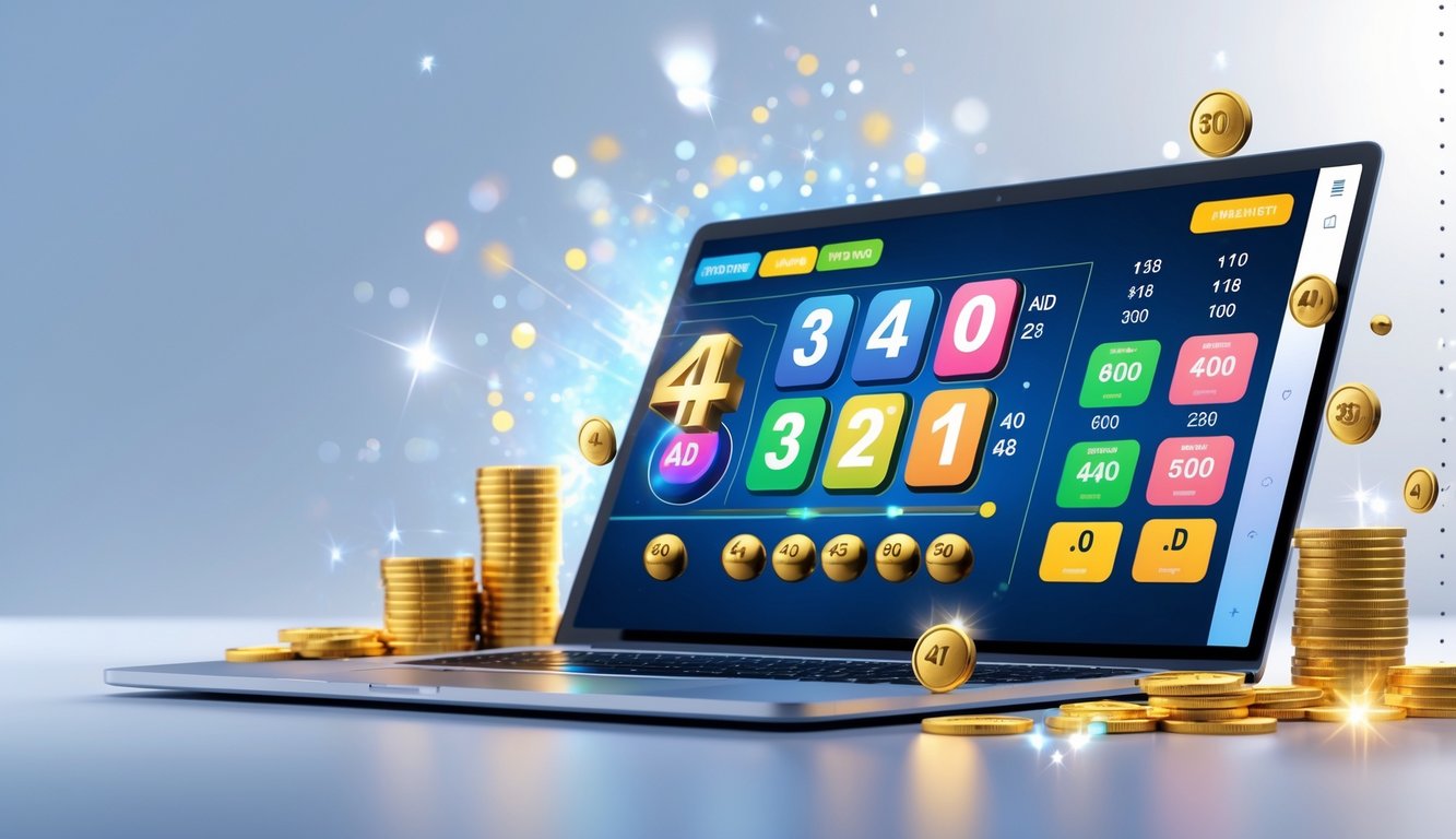 Sebuah komputer menampilkan angka togel dan simbol jackpot dengan koin emas dan bola togel di sekitarnya.