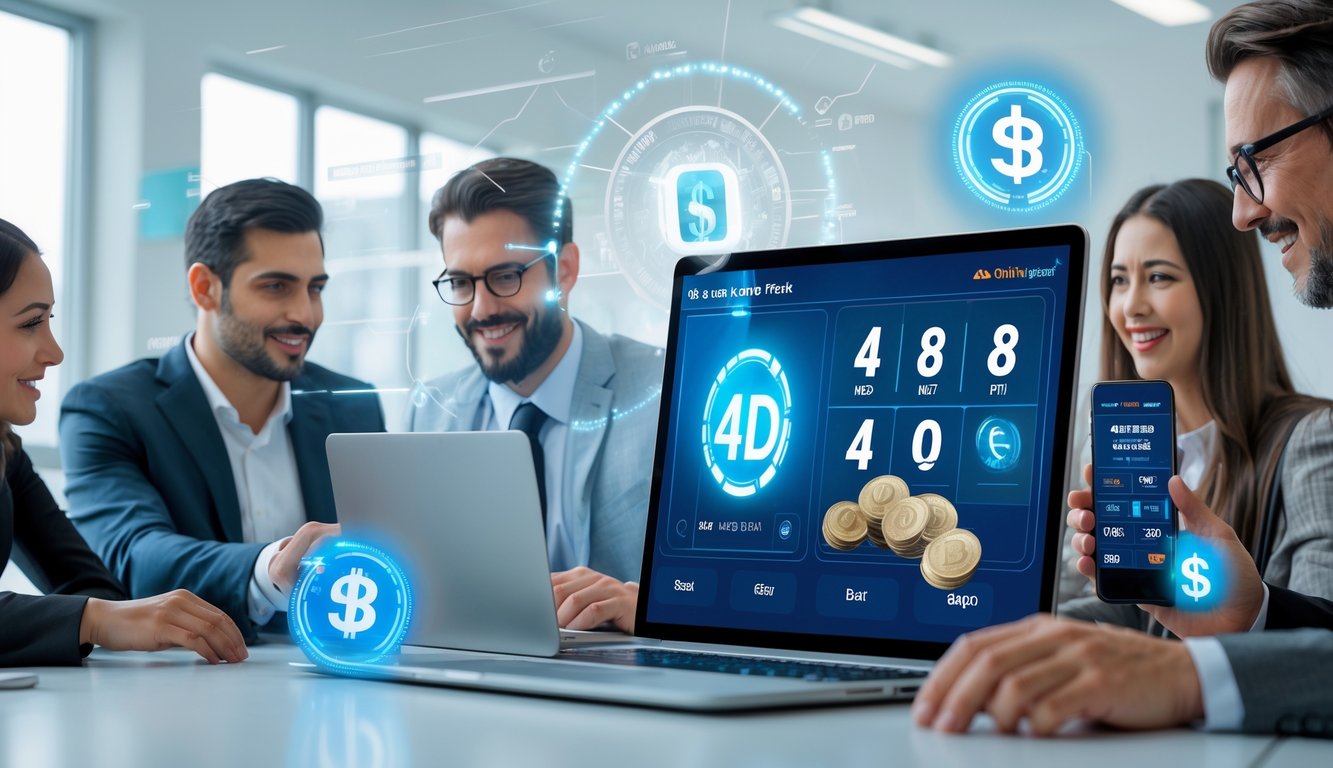 Orang-orang menggunakan laptop dan ponsel di kantor modern dengan simbol transaksi perbankan digital di latar belakang.