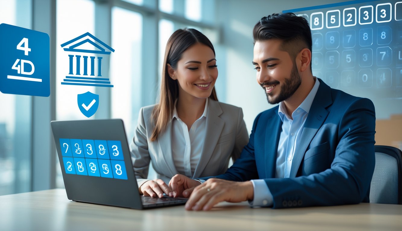 Dua orang profesional bekerja bersama di kantor dengan laptop yang menampilkan transaksi perbankan online yang aman.