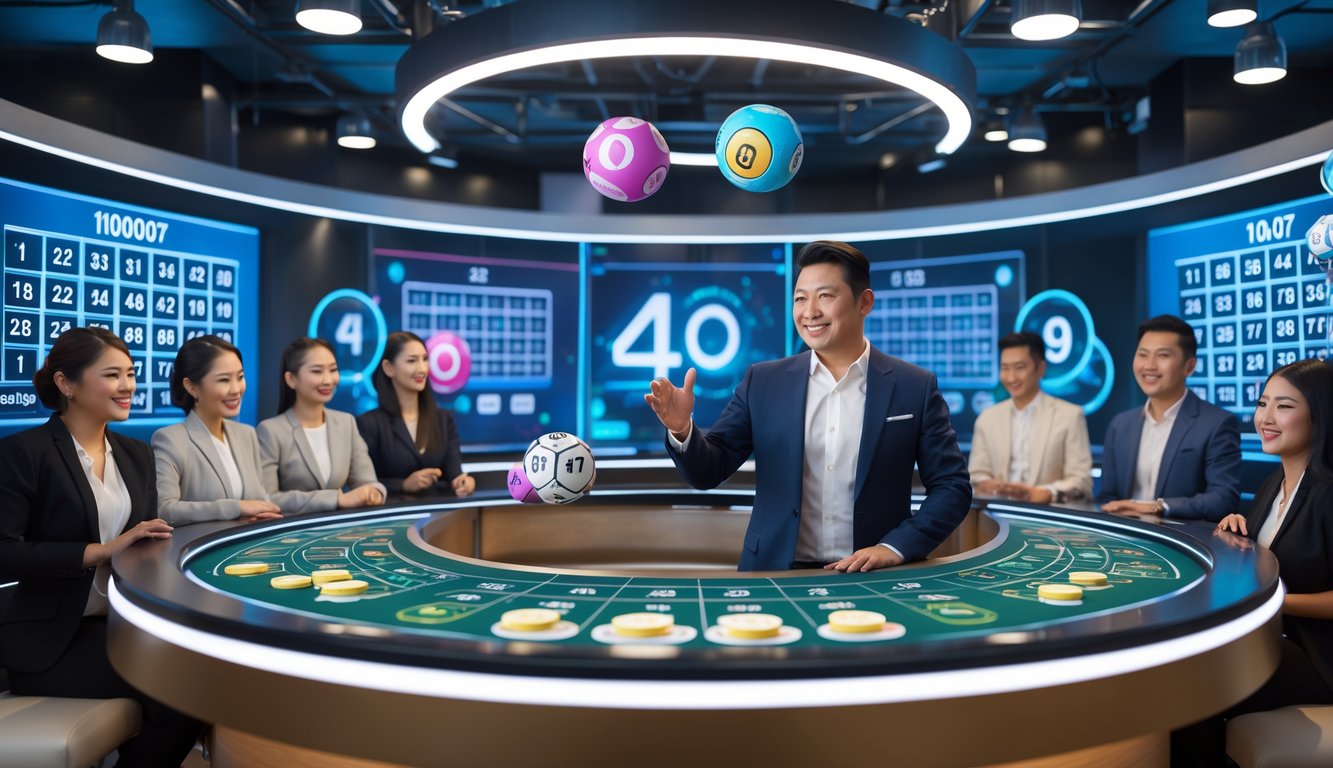 Suasana studio modern dengan presenter dan peserta yang sedang mengikuti proses undian nomor lotere secara langsung.