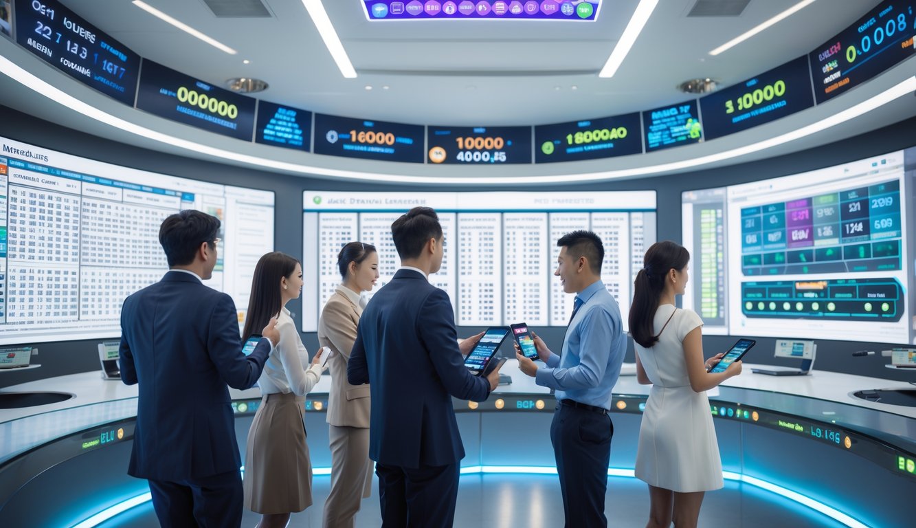 Orang-orang sedang memantau hasil undian togel 4D secara langsung di layar digital dalam ruangan kantor modern.