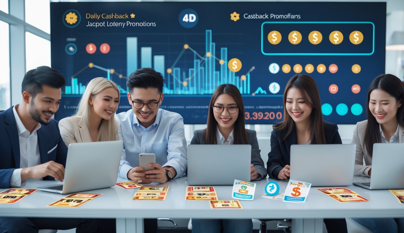 Sekelompok orang muda menggunakan laptop dan ponsel di kantor modern dengan layar digital menampilkan grafik dan angka, menunjukkan suasana antusias dan percaya diri.