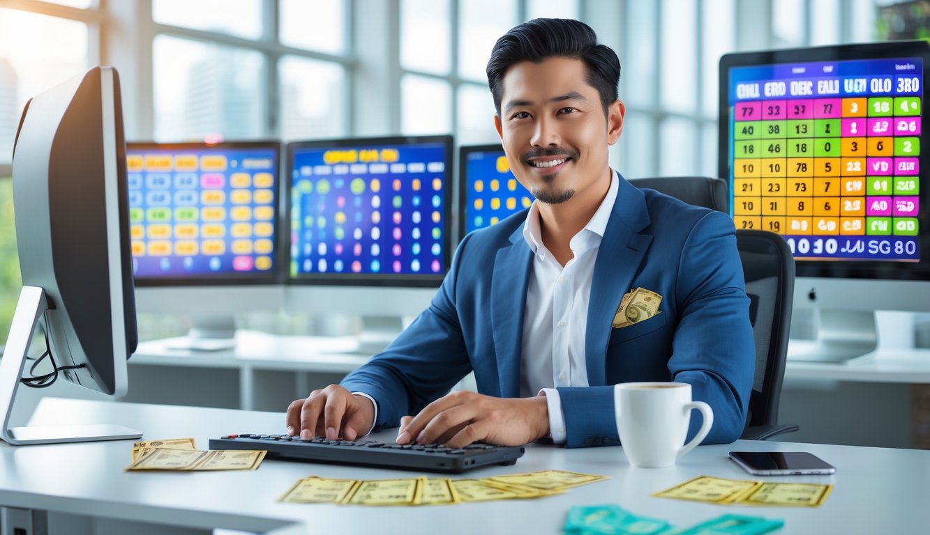 Seorang pria Asia Tenggara duduk di meja kantor modern dengan layar komputer menampilkan angka lotre dan grafik, terlihat percaya diri dan fokus.