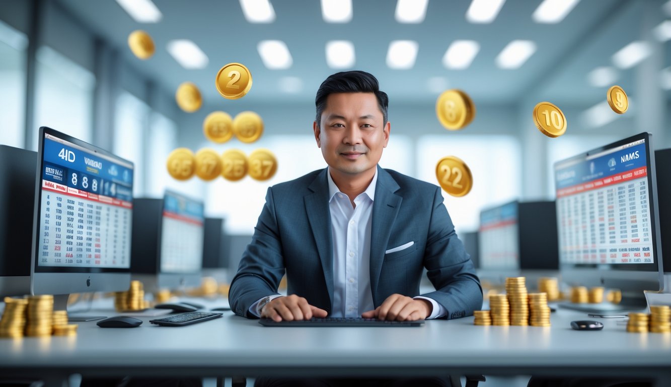 Seorang pria Asia Tenggara yang percaya diri duduk di meja kantor modern dengan layar komputer menampilkan angka lotere dan grafik statistik di latar belakang.