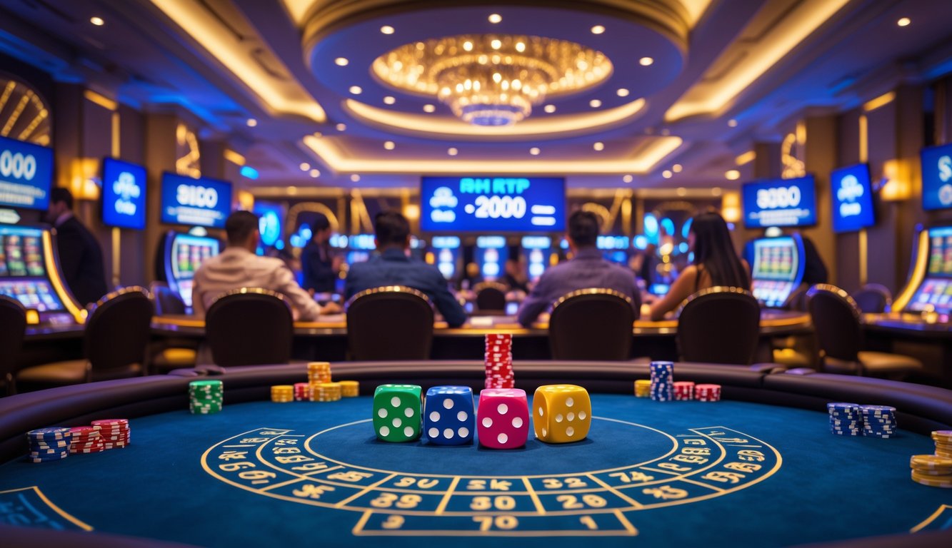 Suasana kasino langsung dengan meja permainan Sicbo, dadu berwarna-warni di tengah meja, dan pemain yang sedang bermain dengan antusias.