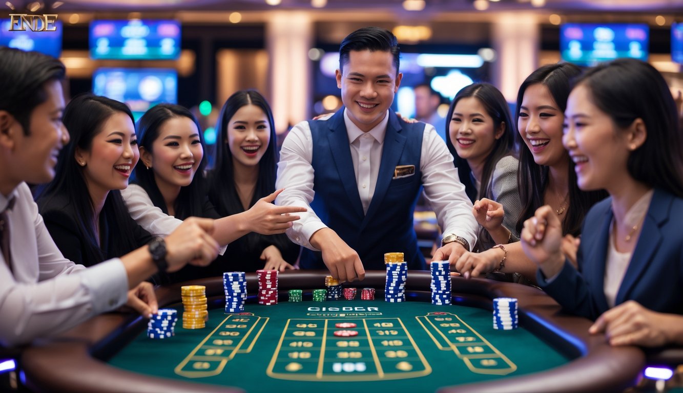 Suasana meja kasino live Sicbo dengan dealer profesional dan pemain yang antusias di sebuah kasino modern.