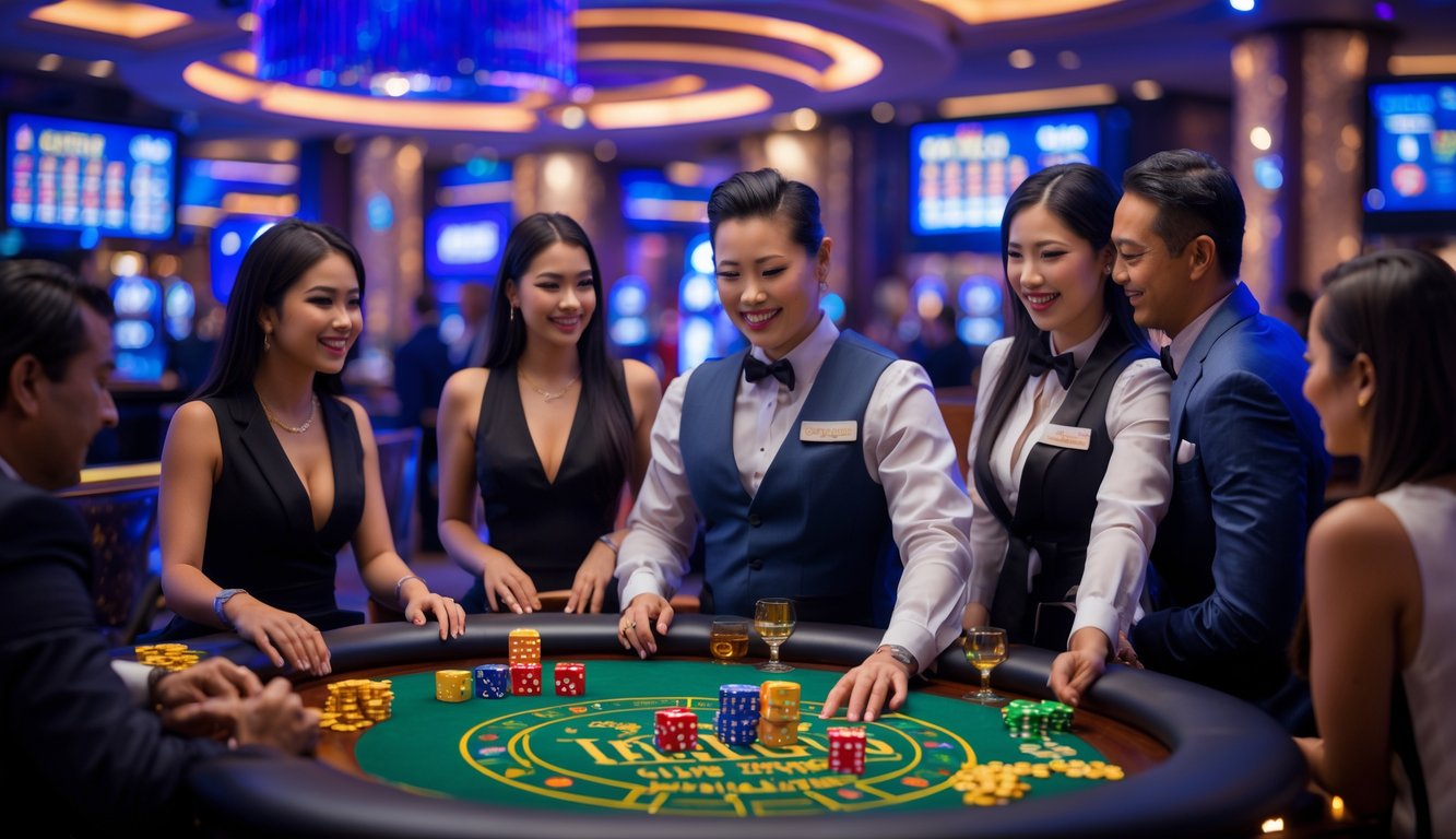 Seorang dealer dan pemain sedang bermain Sicbo di meja kasino langsung dengan dadu dan chip taruhan terlihat jelas.