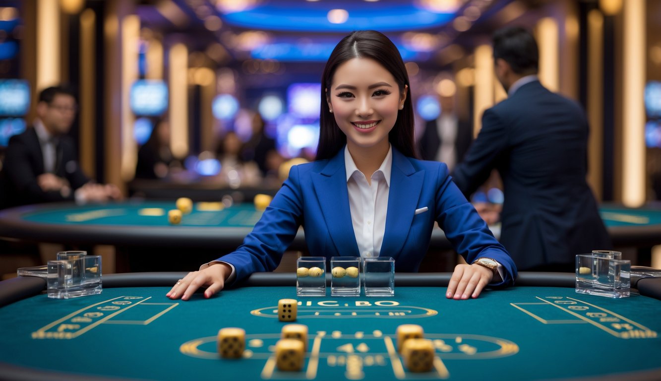 Seorang dealer profesional sedang memimpin permainan Sic Bo di kasino dengan suasana mewah dan pencahayaan yang baik.