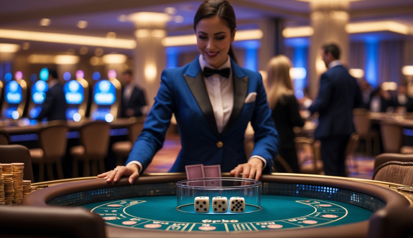 Seorang dealer profesional sedang menjalankan permainan Sicbo di kasino langsung dengan meja dan dadu terlihat jelas.