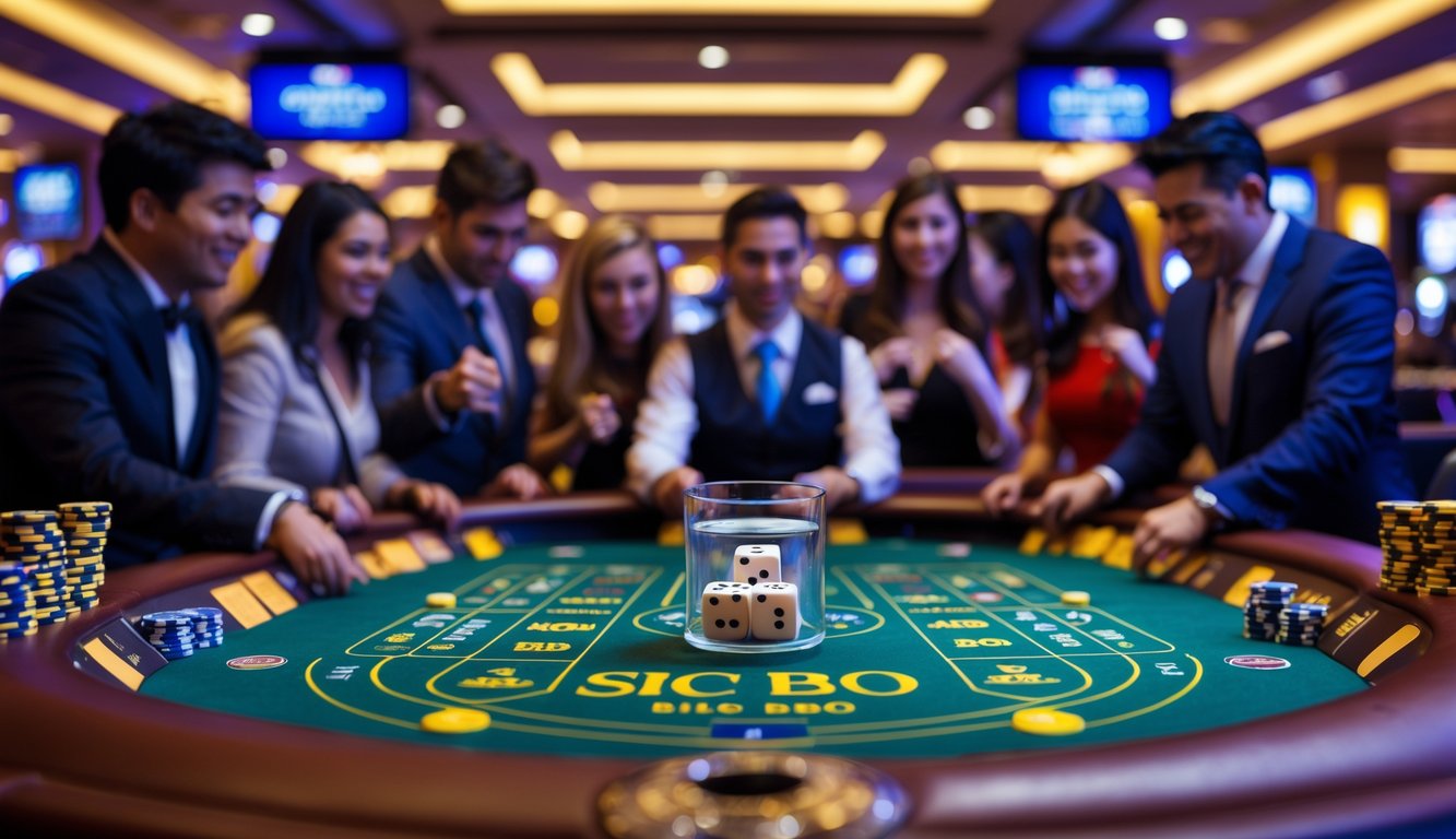 Suasana kasino langsung dengan meja permainan Sic Bo, pemain dan dealer sedang bermain dengan fokus dan antusiasme.