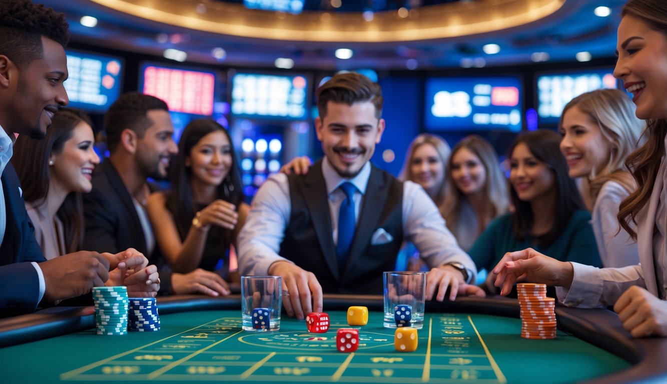 Suasana meja kasino live dengan pemain yang sedang bermain permainan dadu Sicbo dan dealer yang mengelola permainan.