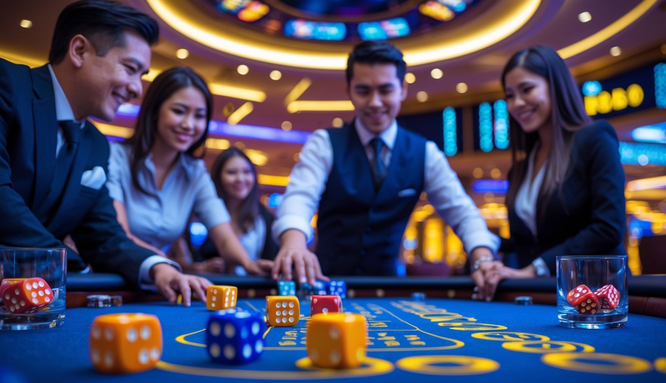 Suasana kasino langsung dengan meja permainan Sic Bo, dadu sedang dilempar, pemain dan dealer terlihat berinteraksi, serta layar transaksi cepat 24 jam di latar belakang.