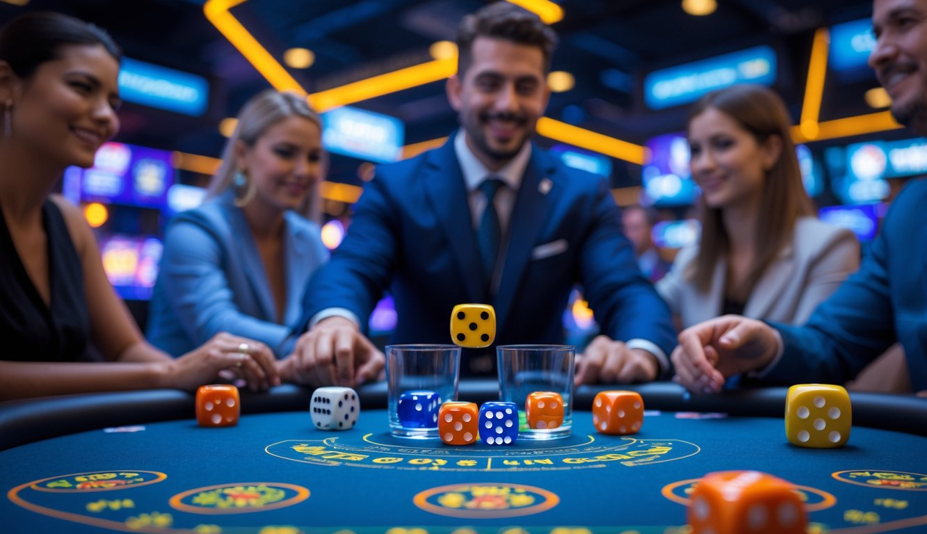 Suasana meja kasino live dengan pemain dan dealer sedang bermain Sicbo menggunakan dadu, menampilkan sistem transaksi cepat 24 jam.