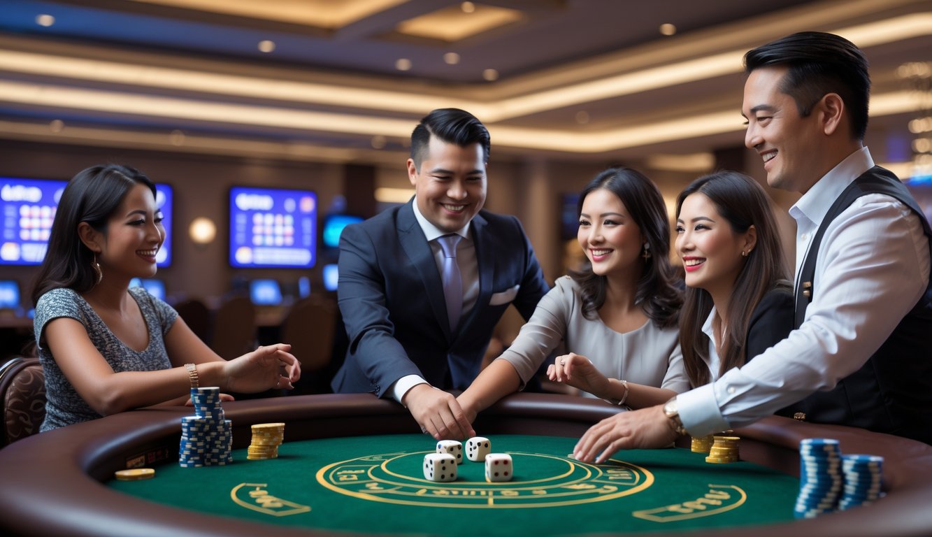 Suasana kasino langsung dengan meja permainan Sic Bo, pemain dan dealer yang ramah di sekitar meja hijau.