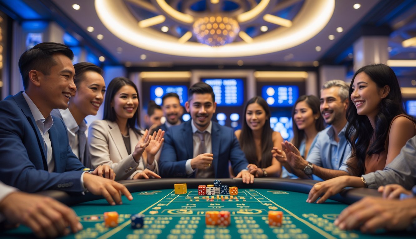 Suasana meja permainan Sicbo di kasino langsung dengan pemain yang fokus dan suasana yang ramah.