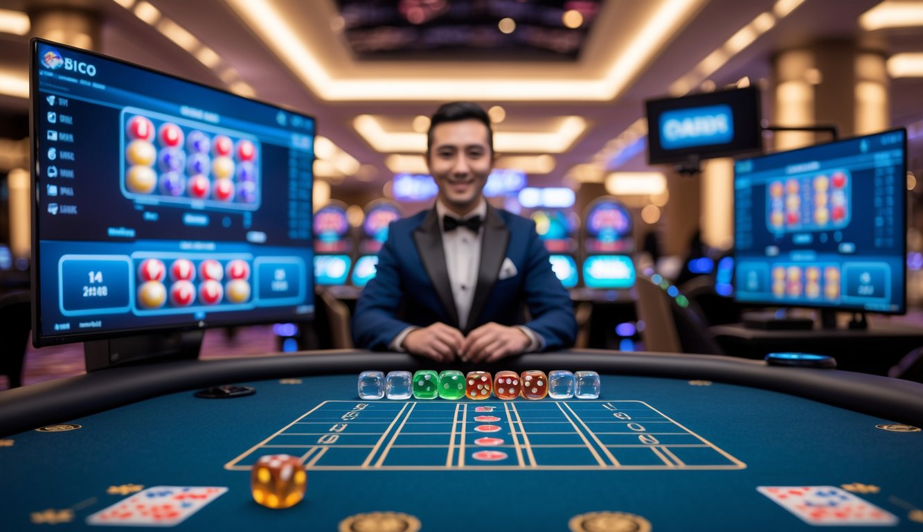 Suasana meja permainan Sicbo di kasino langsung dengan dealer dan peralatan streaming video berkualitas tinggi.