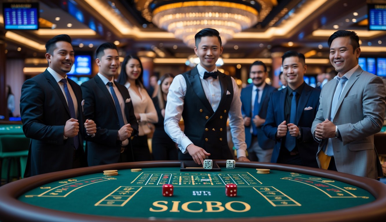 Seorang dealer di meja permainan Sicbo dengan tiga dadu, dikelilingi oleh pemain yang fokus dan bersemangat di dalam kasino mewah.