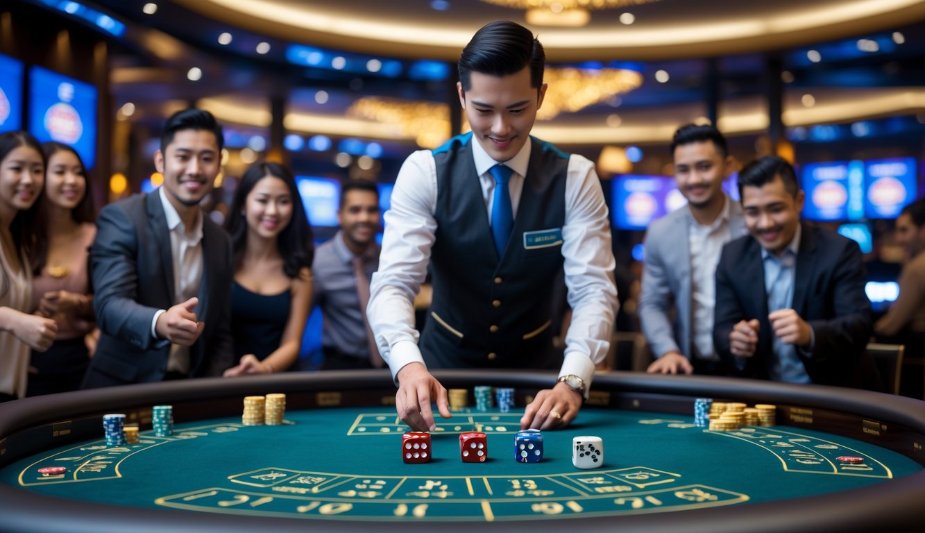 Seorang dealer di meja permainan Sicbo dengan dadu dan pemain yang mengamati di kasino langsung.