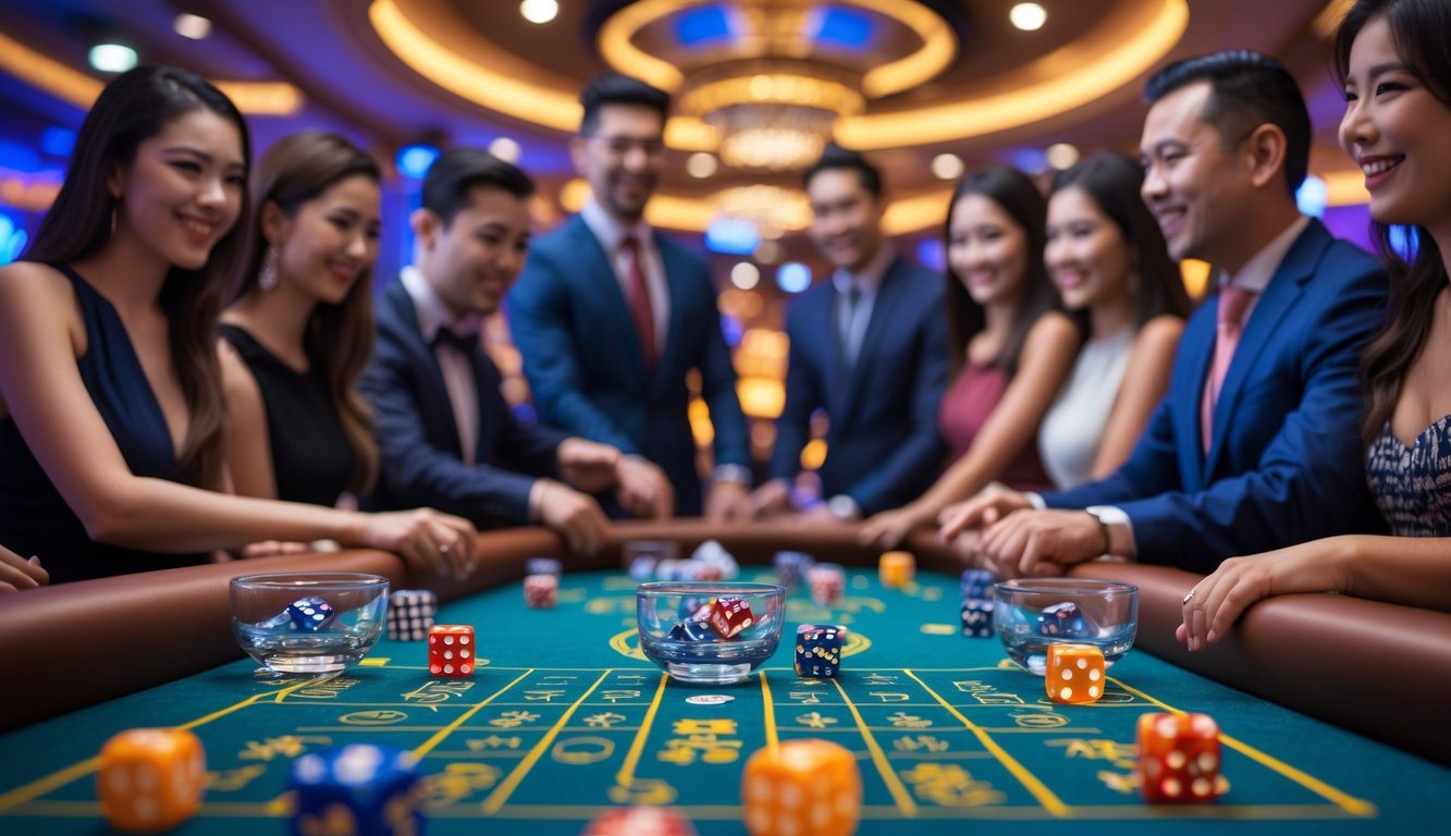 Suasana meja kasino dengan permainan Sic Bo dan pemain yang sedang bermain dengan antusias.