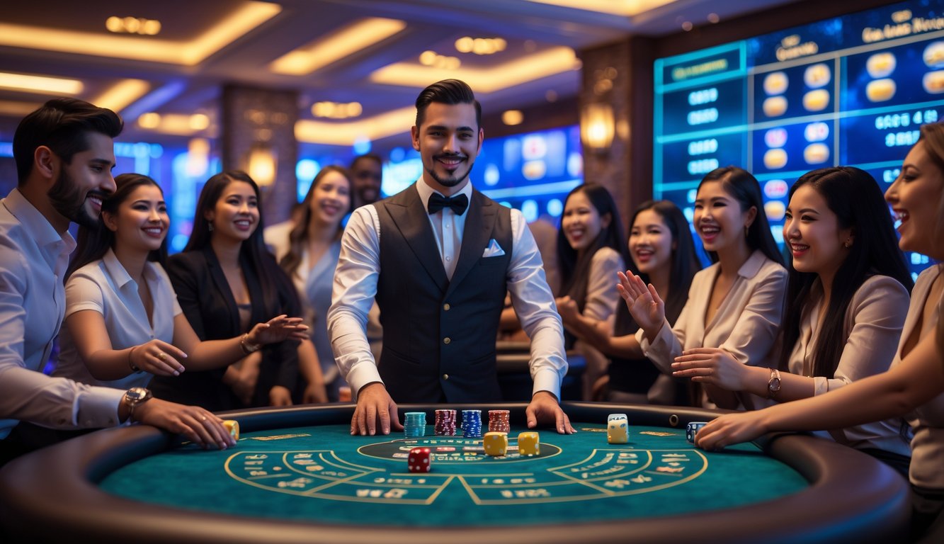 Seorang dealer profesional mengelola meja permainan Sicbo dengan pemain yang antusias di kasino mewah.
