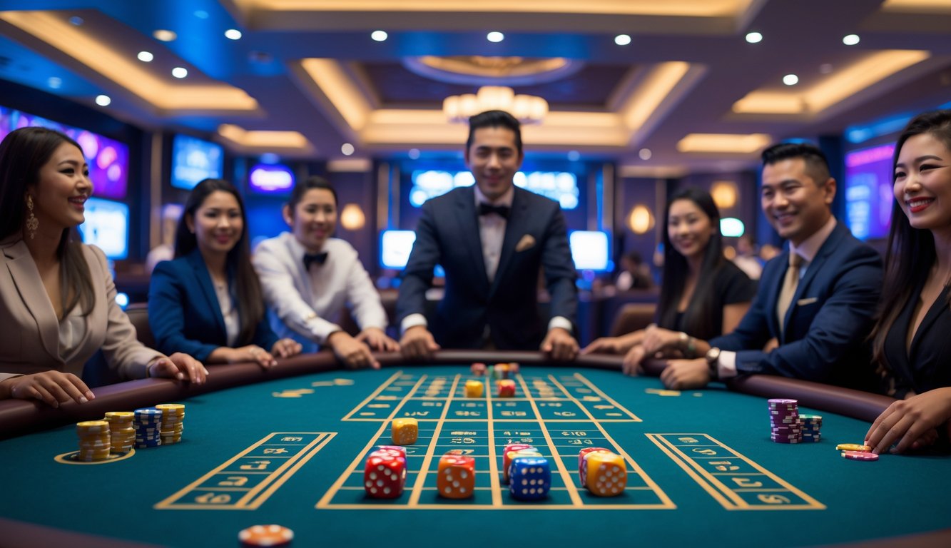 Suasana meja permainan Sic Bo di kasino langsung dengan pemain dan dealer yang sedang bermain.