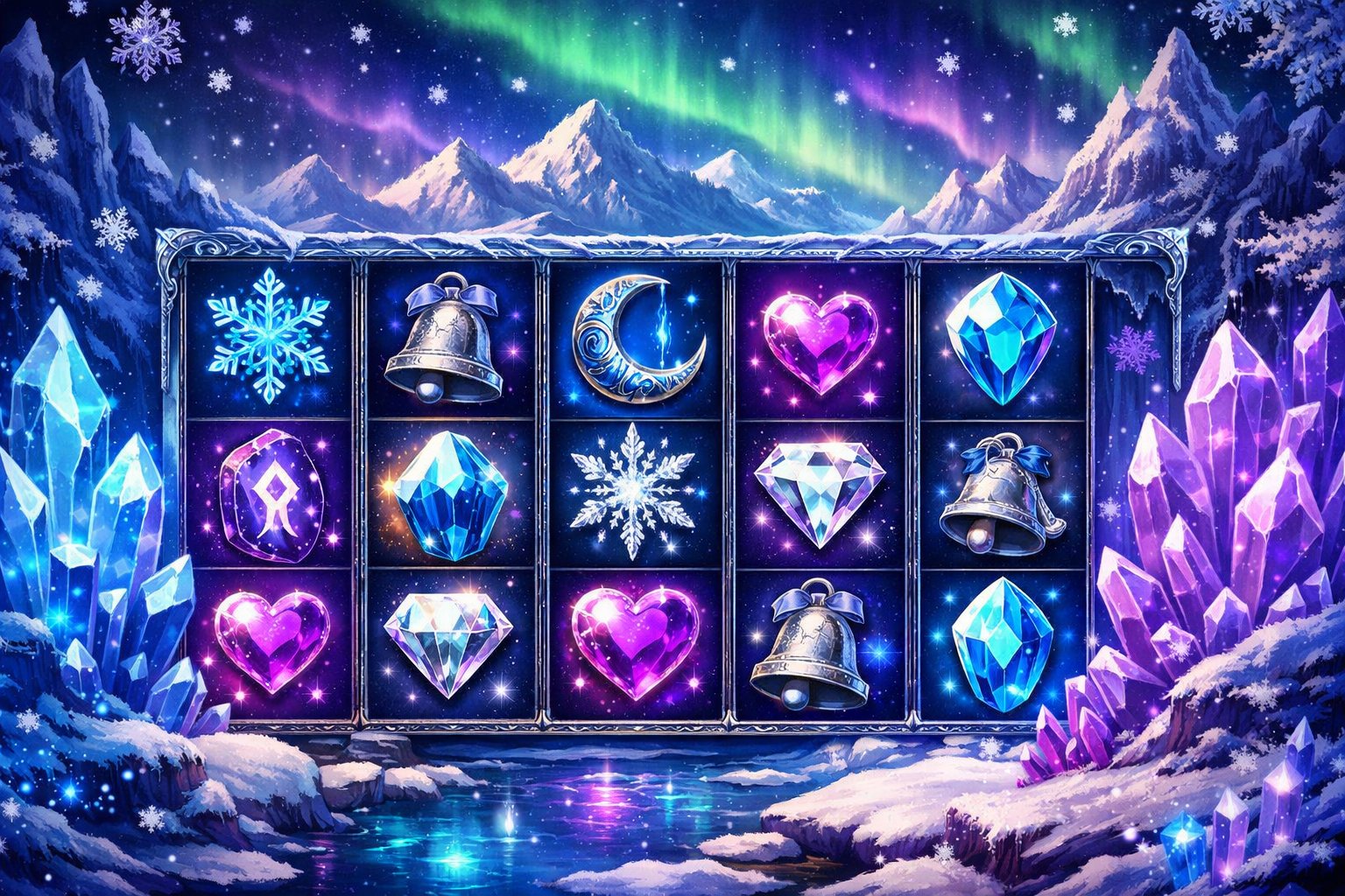 A Magical Icy Landscape With Glowing Frozen Crystals And Slot Reels Displaying Enchanted Snowflakes And Gemstones Under A Twilight Sky With Northern Lights.