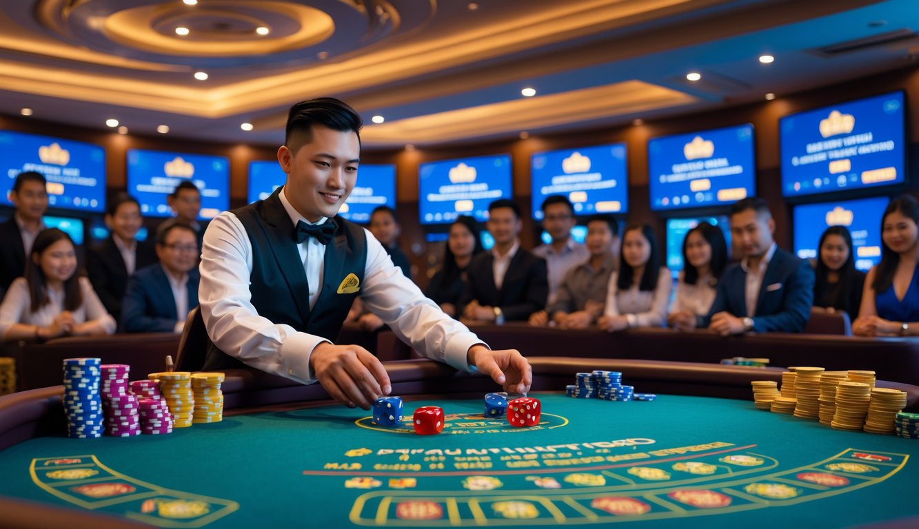 Suasana kasino langsung dengan dealer melempar dadu Sicbo di meja permainan, dikelilingi oleh pemain yang fokus dan tumpukan chip warna-warni.