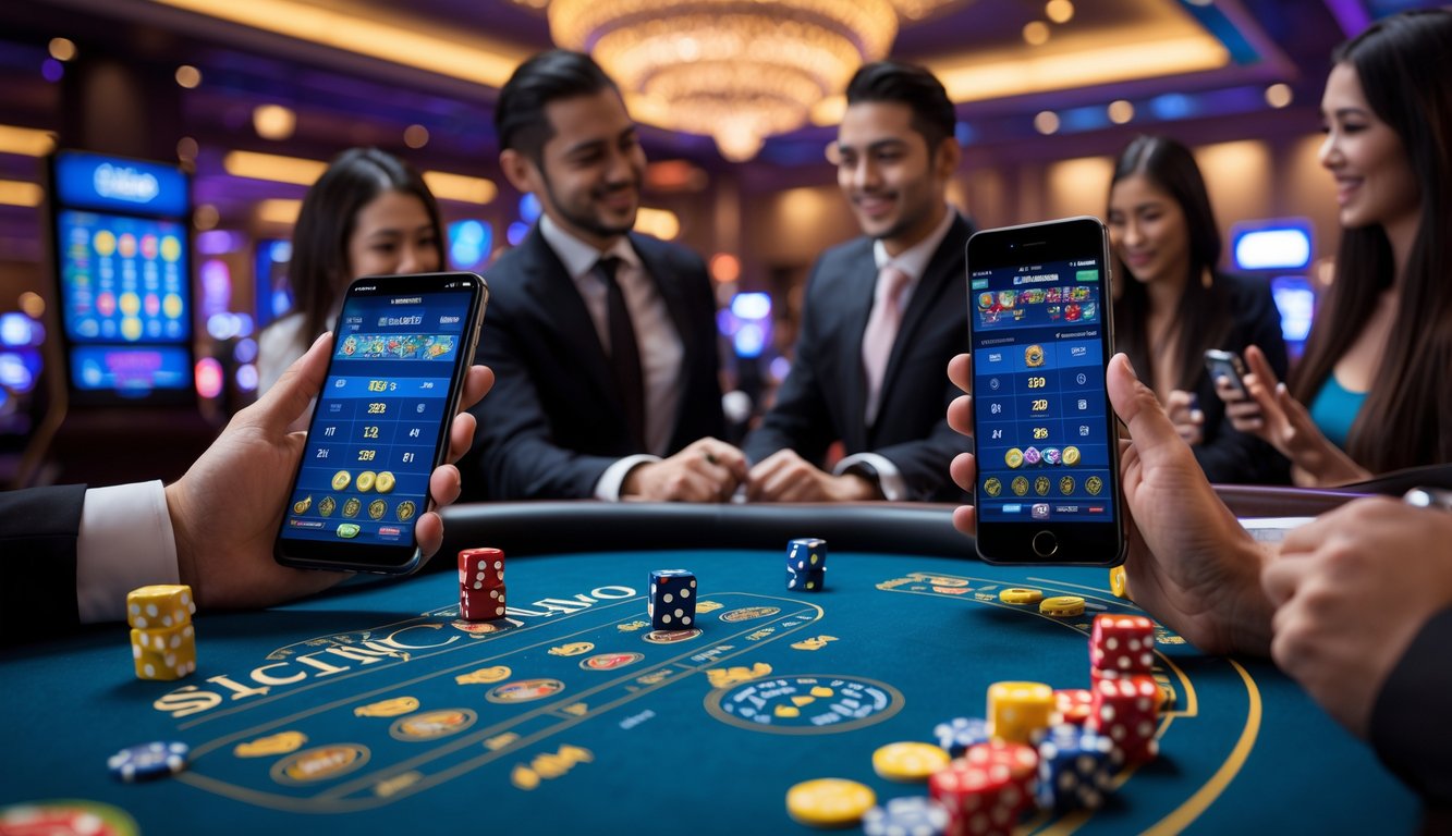 Suasana kasino langsung dengan pemain menggunakan ponsel Android dan iOS untuk bermain Sicbo di meja digital.