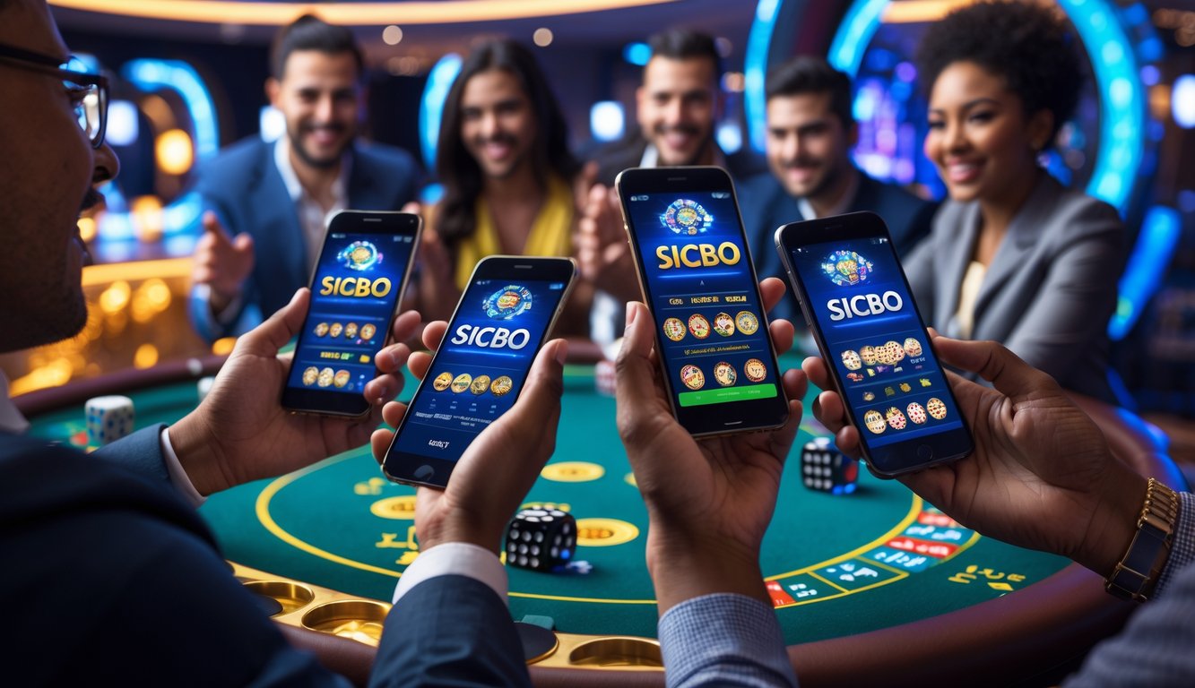 Orang-orang bermain permainan Sicbo di kasino langsung menggunakan ponsel Android dan iOS dalam suasana kasino modern.