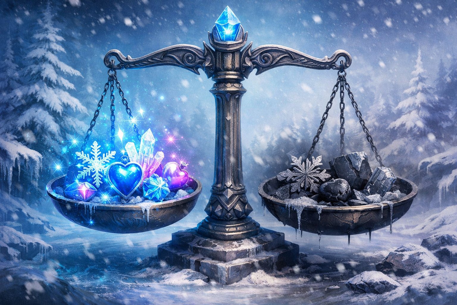 A Balanced Scale With Colorful Frozen Charms On One Side And Darker Cracked Ice Elements On The Other, Set Against An Icy Snowy Landscape.