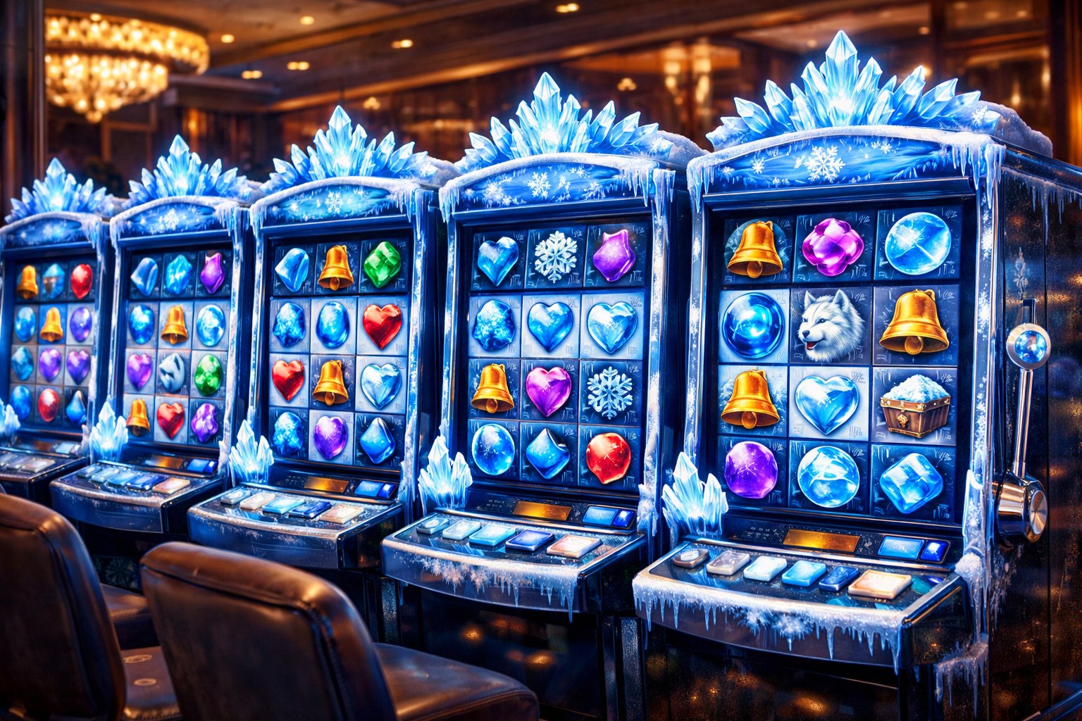 A Casino Table With Several FrozenThemed Slot Machines Featuring Icy Crystals, Snowflakes, And Charms In A Luxurious Casino Setting.