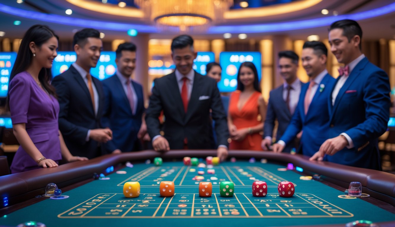 Meja kasino dengan permainan Sic Bo yang sedang berlangsung, dealer profesional dan pemain yang berpartisipasi di lingkungan kasino yang mewah dan terang.