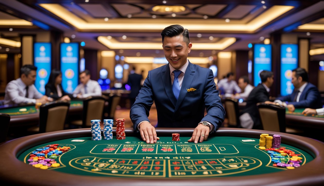 Suasana kasino langsung dengan dealer yang sedang mengelola meja permainan Sicbo, dikelilingi pemain yang fokus dan suasana mewah.